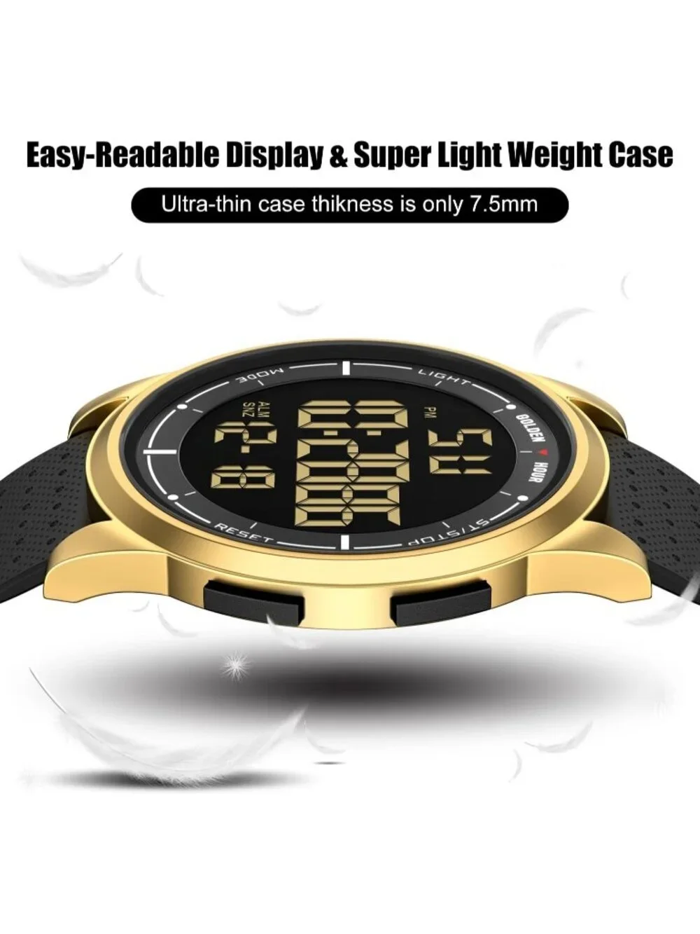 Men Gold Black Rubber Strap Ultra-Thin Minimalist Sport Waterproof Digital Watch